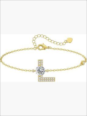 Initial Charm Bracelet A-Z Letter Dainty Adjustable Gold Plated Cubic Zirconia